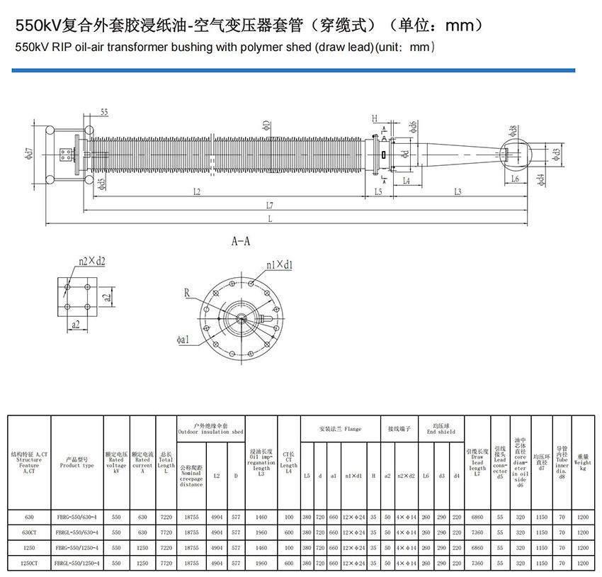 550kV復合外套膠浸紙油-空氣變壓器套管